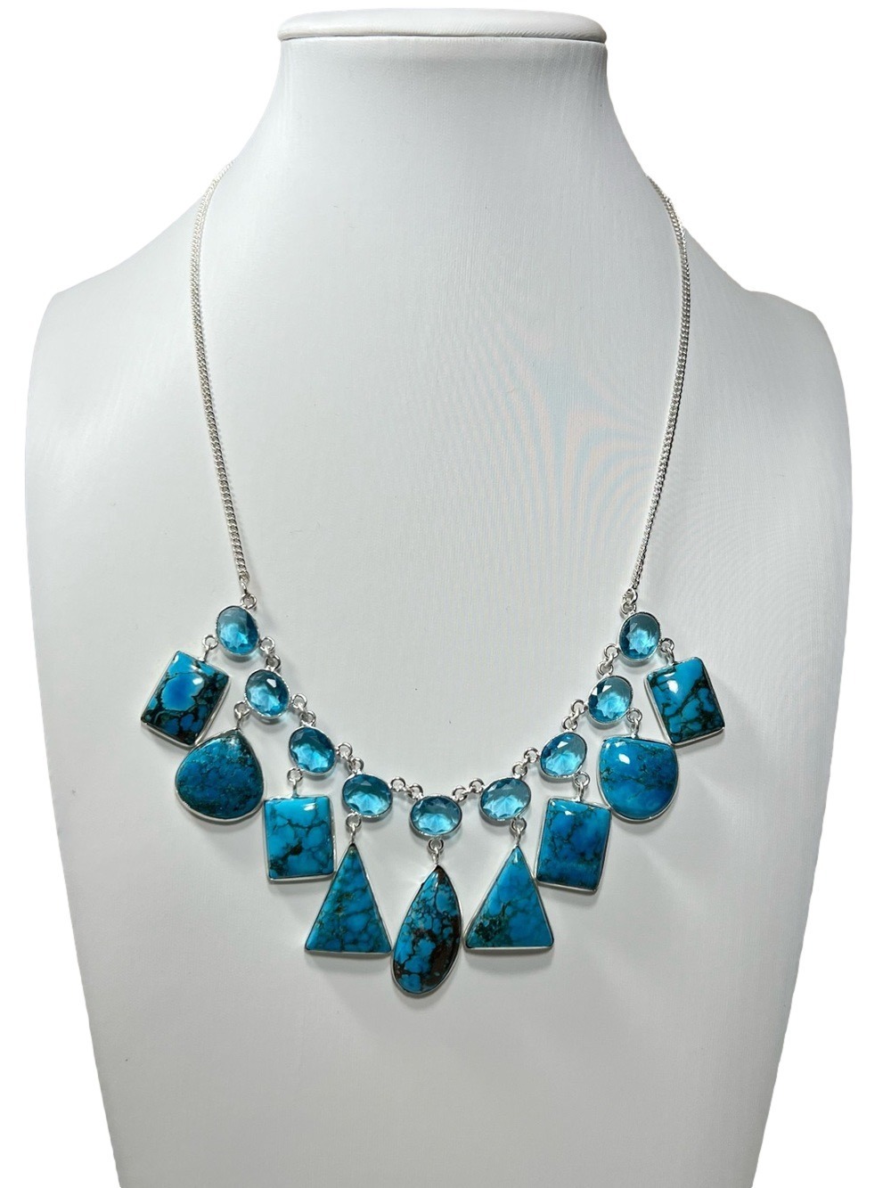 Turquoise & Synthetic Blue Topaz 925 Delicate Multi Stone Gemstone Necklace